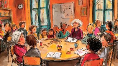 Illustratie groep bespreking aan ronde tafel