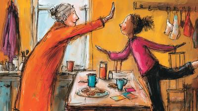 Illustratie oudere en kind in de keuken