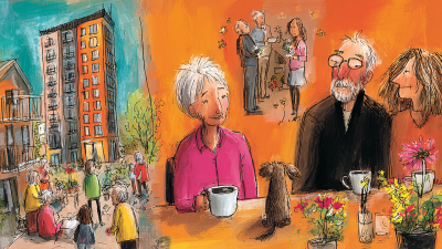 Illustratie mensen aan tafel aan de koffie