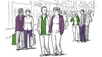 Illustratie straatbeeld 2 mannen hand in hand