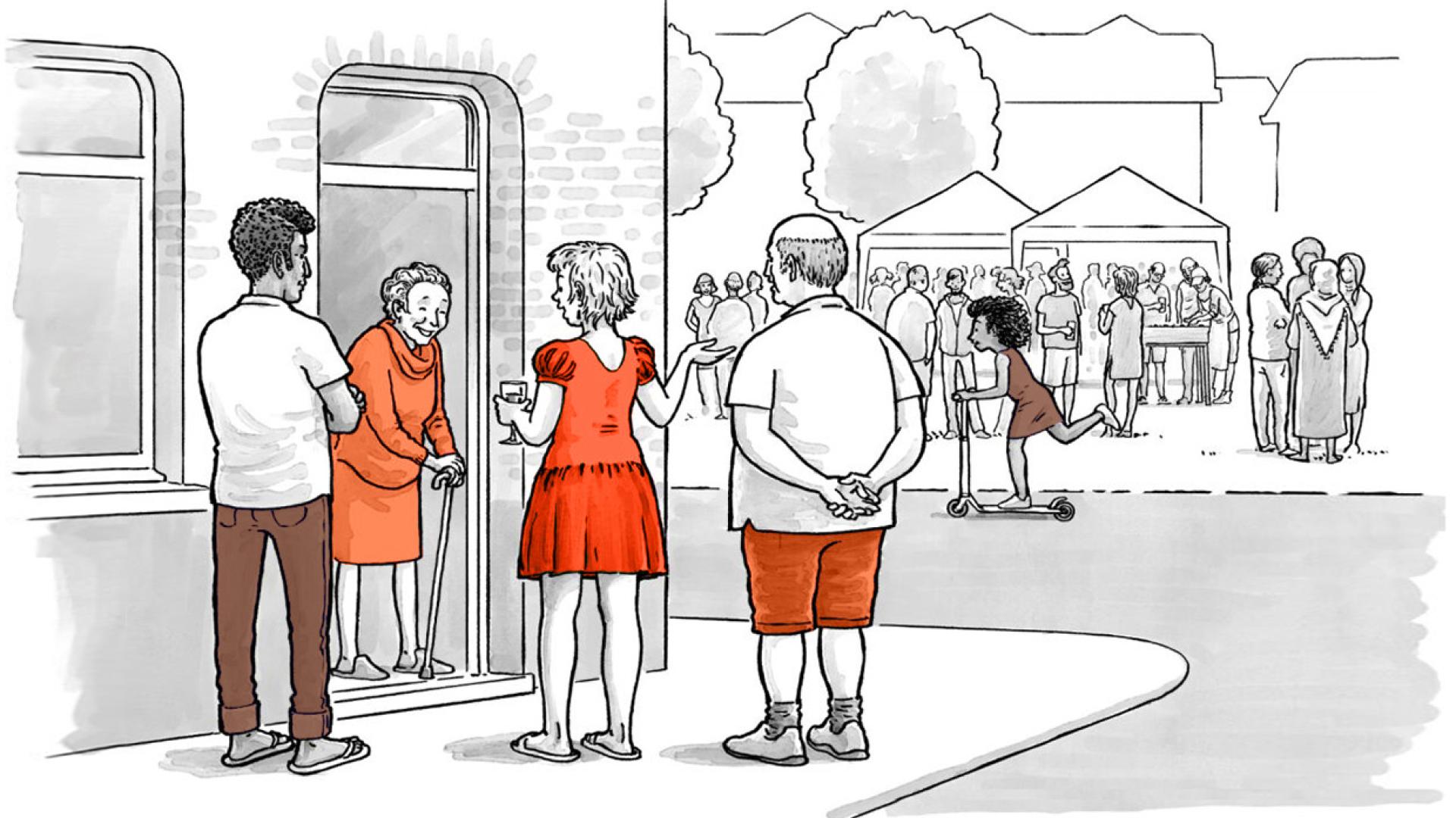 Illustratie pratende mensen bij de voordeur