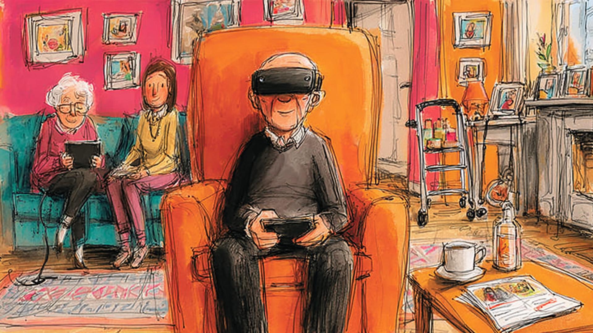 Illustratie oudere man met VR bril