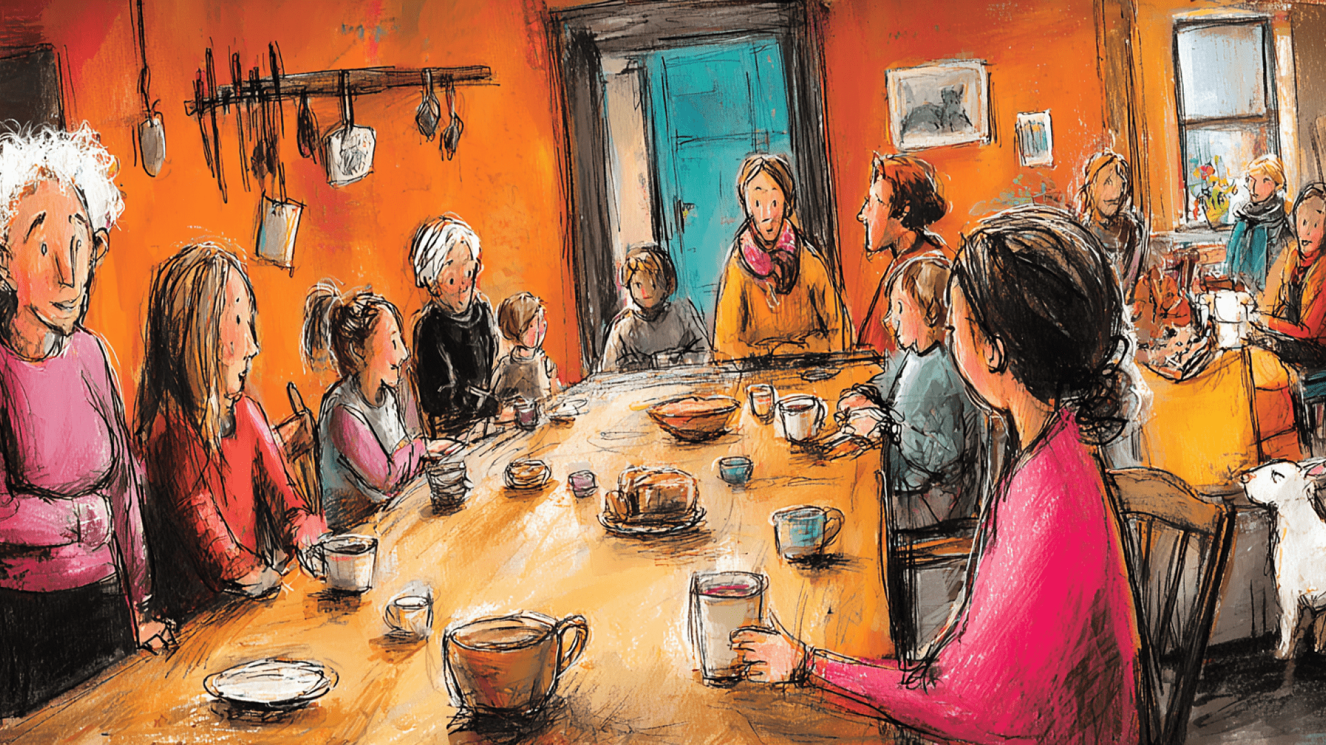 Illustratie - ouderen, koffiedrinken aan een grote tafel