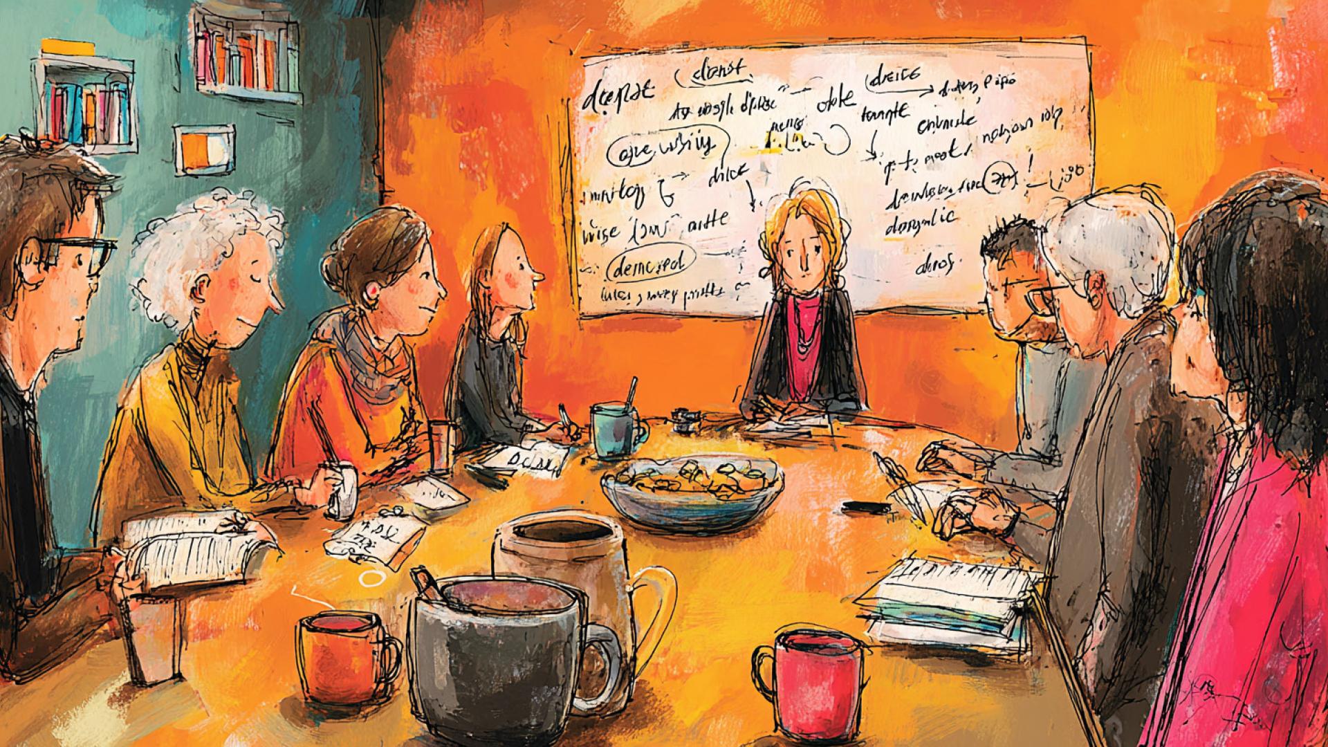 Illustratie bespreking groep mensen rond een tafel