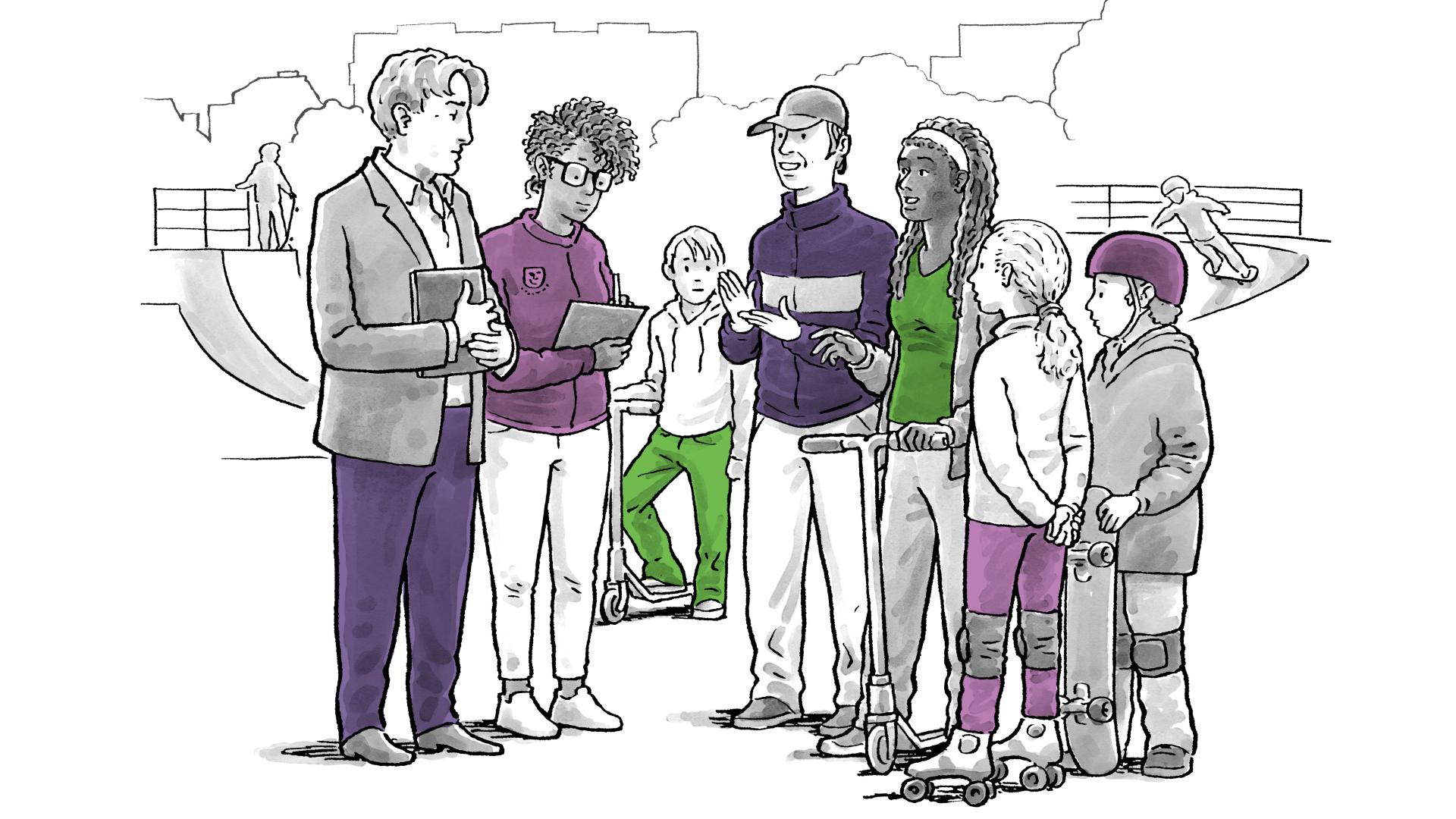 Illustratie - jongeren op straat in gesprek met ondervragers