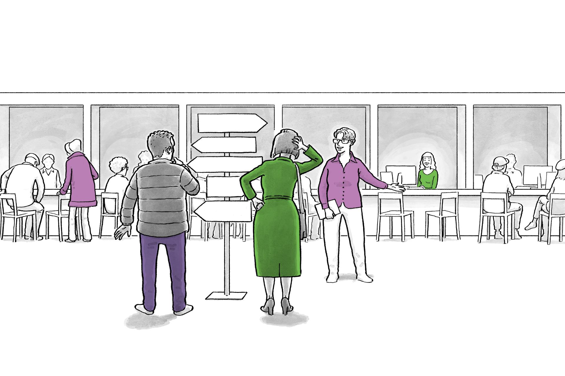 Een bewoner word verwezen bij een gemeentehuis
