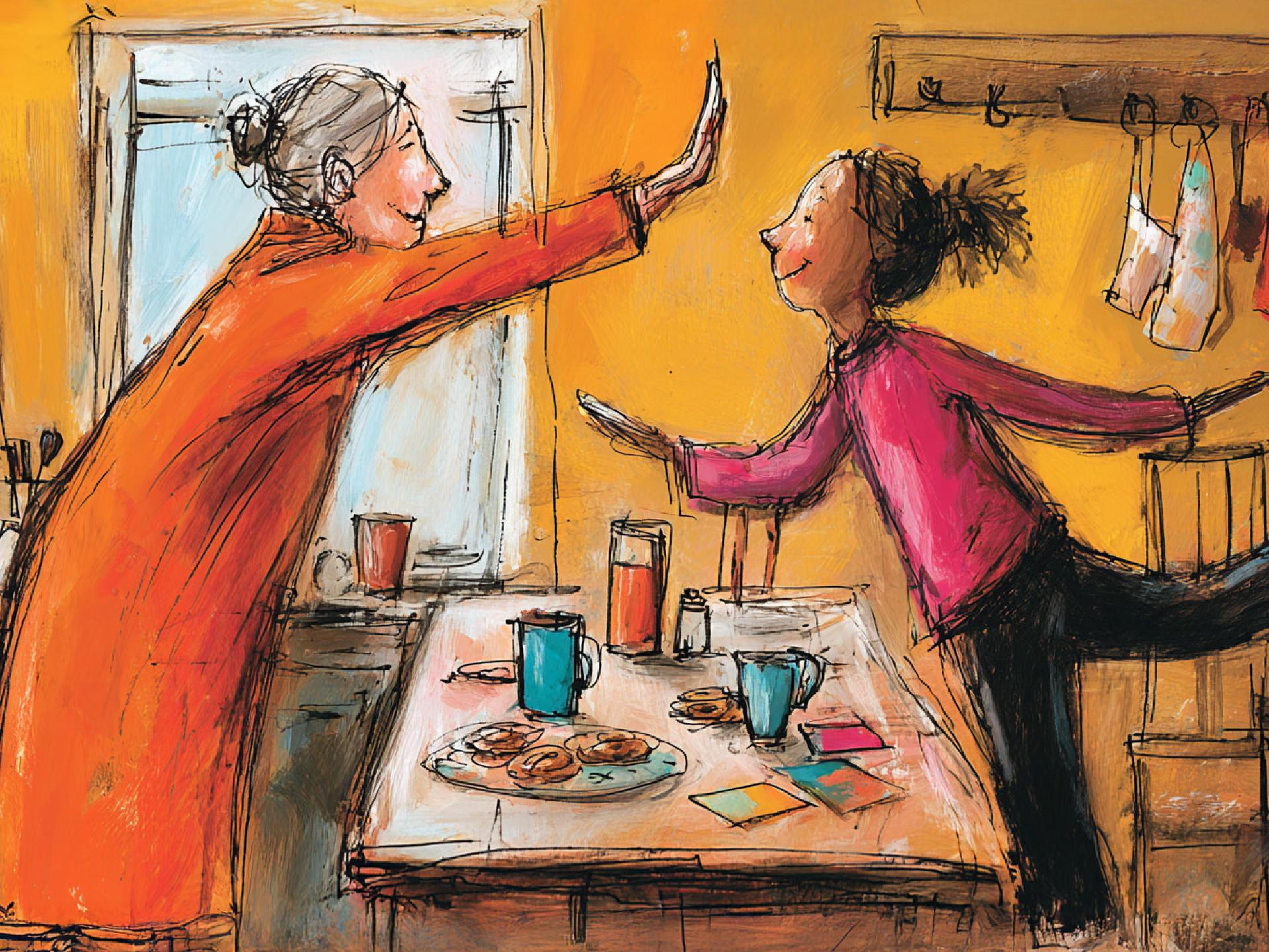 Illustratie oudere en kind in de keuken