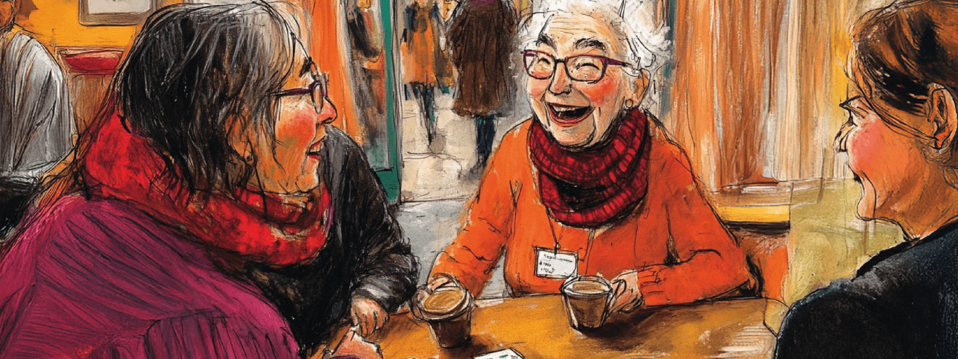 Illustratie ouderen aan koffietafel