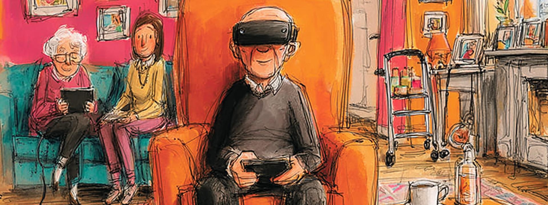 Illustratie oudere man met VR bril