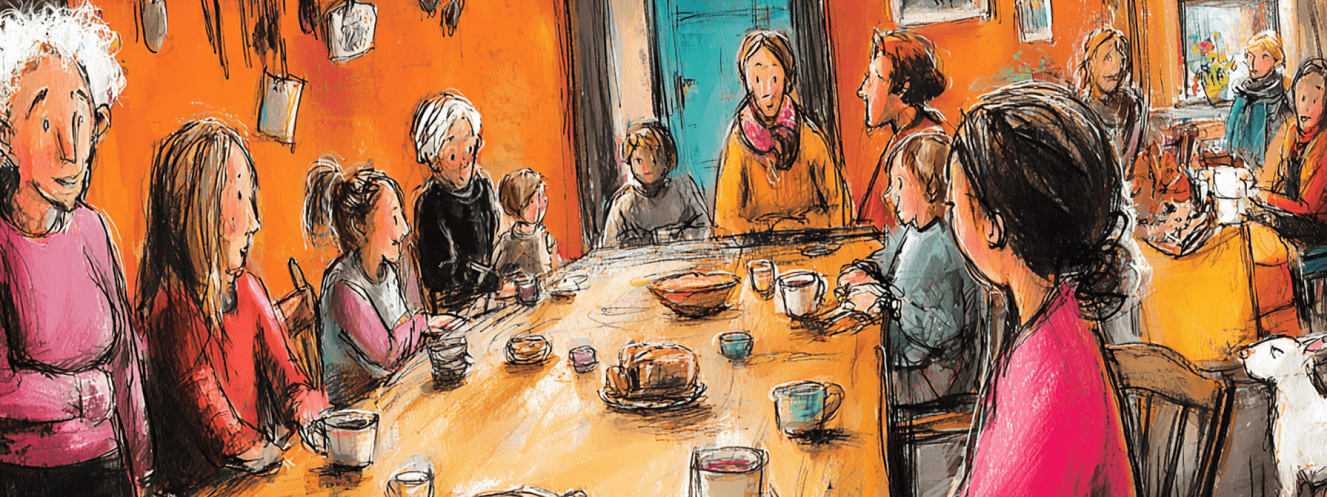 Illustratie - ouderen, koffiedrinken aan een grote tafel