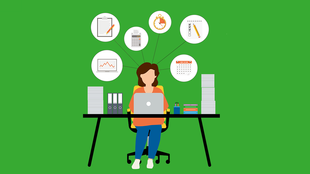 Illustratie administratieve taken vrouw aan bureau - beeld van Suggestie & Illusie