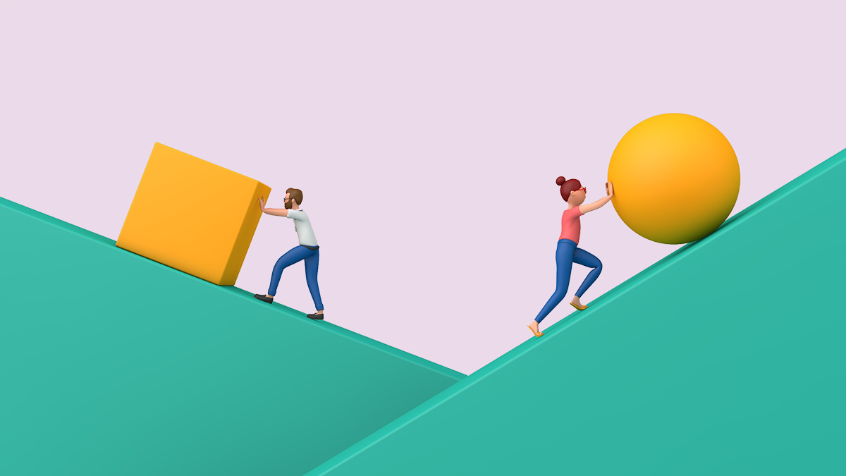 Illustratie, tegen de berg op duwen. 123RF