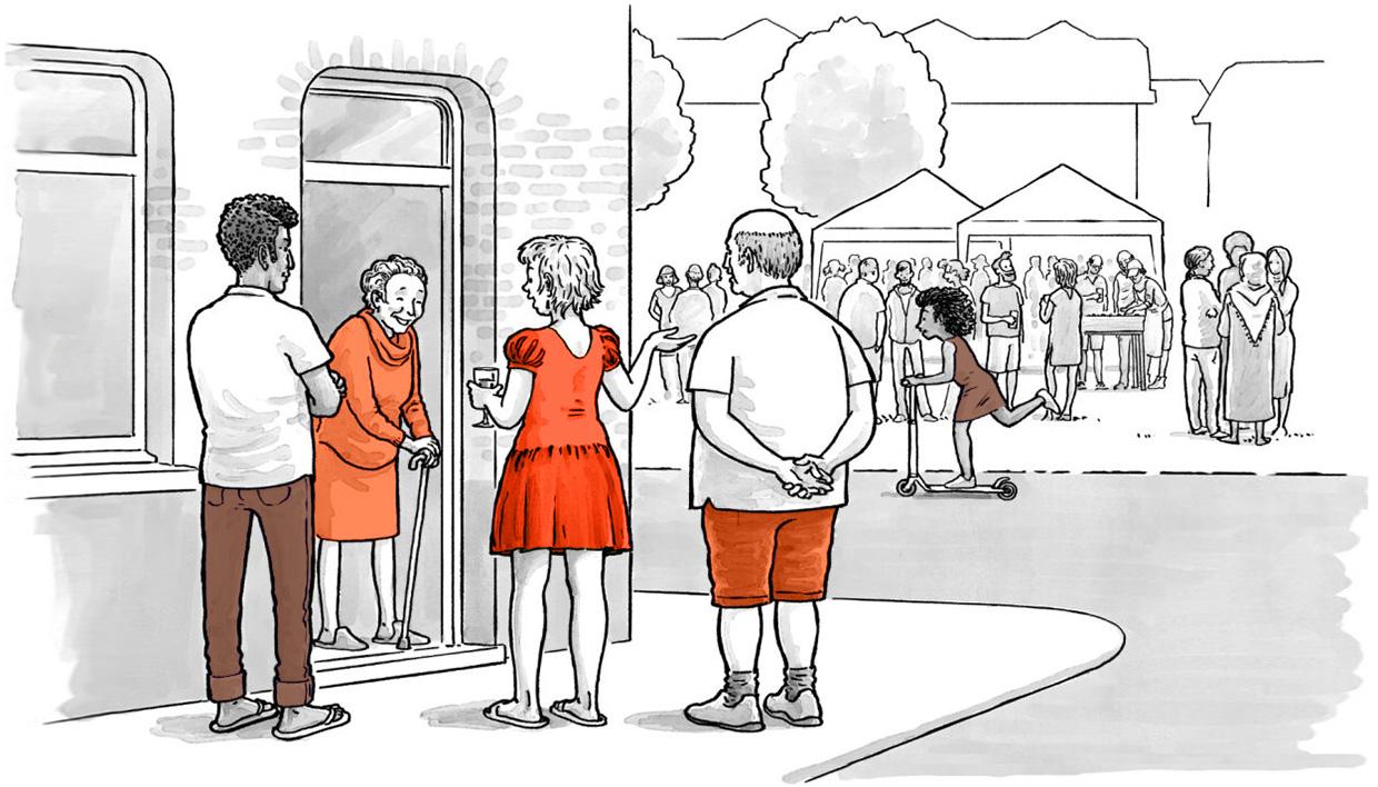 Illustratie pratende mensen bij de voordeur
